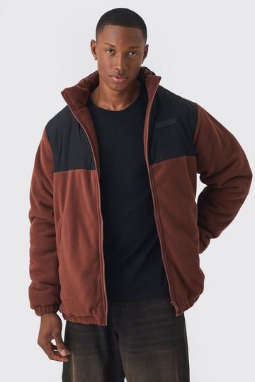 Man Tab Colour Block Fleece Jacket In Brown brown