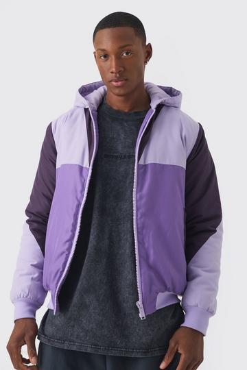 Colour Block Hooded Padded Bomber Jacket In Purple purple