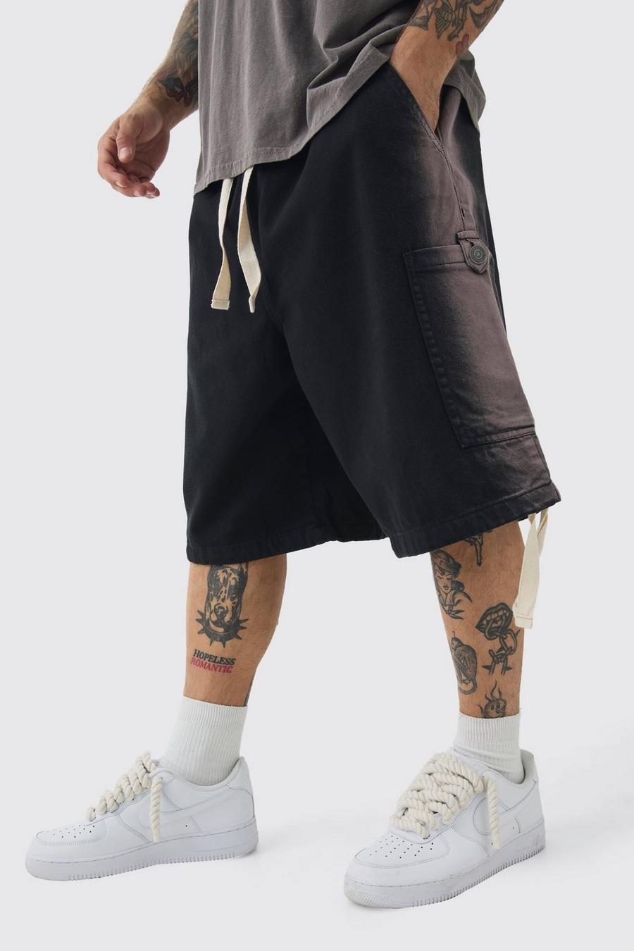 Charcoal Elasticated Waist Contrast Drawcord Washed Parachute Short image number 1