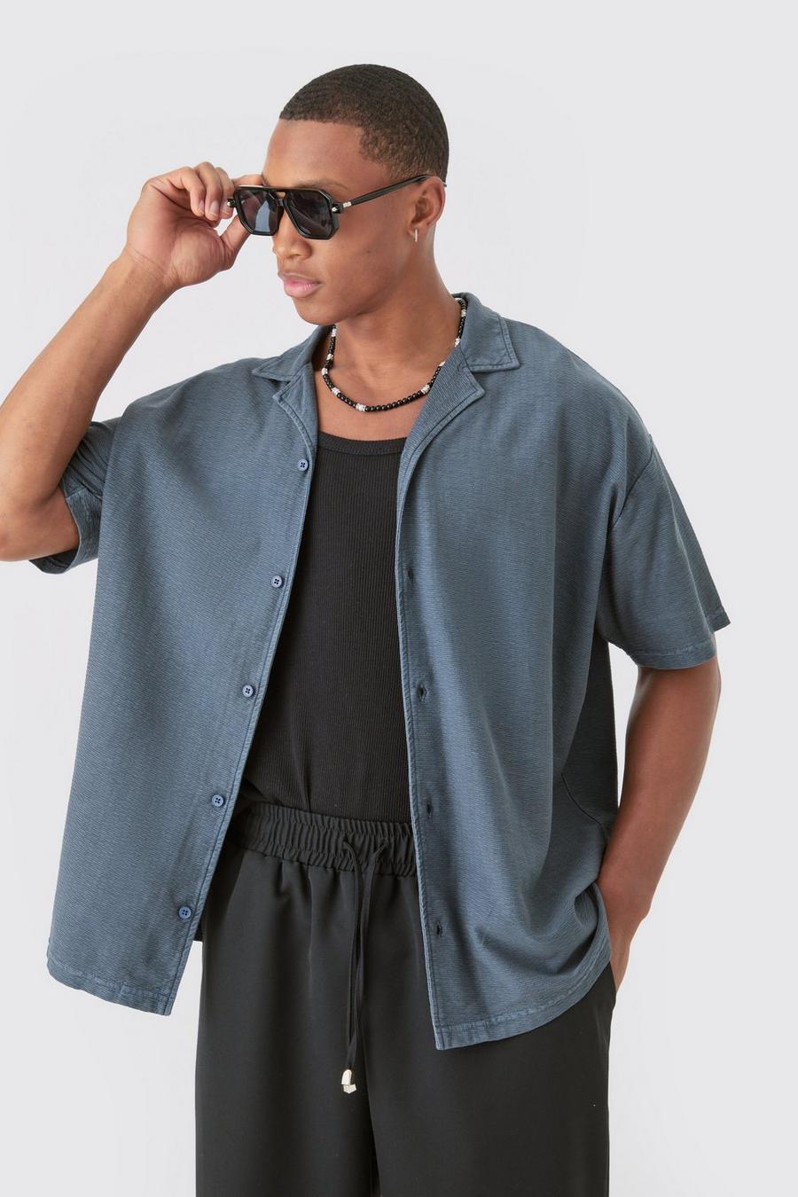 Charcoal Textured Washed Dropped Shoulder Revere Shirt