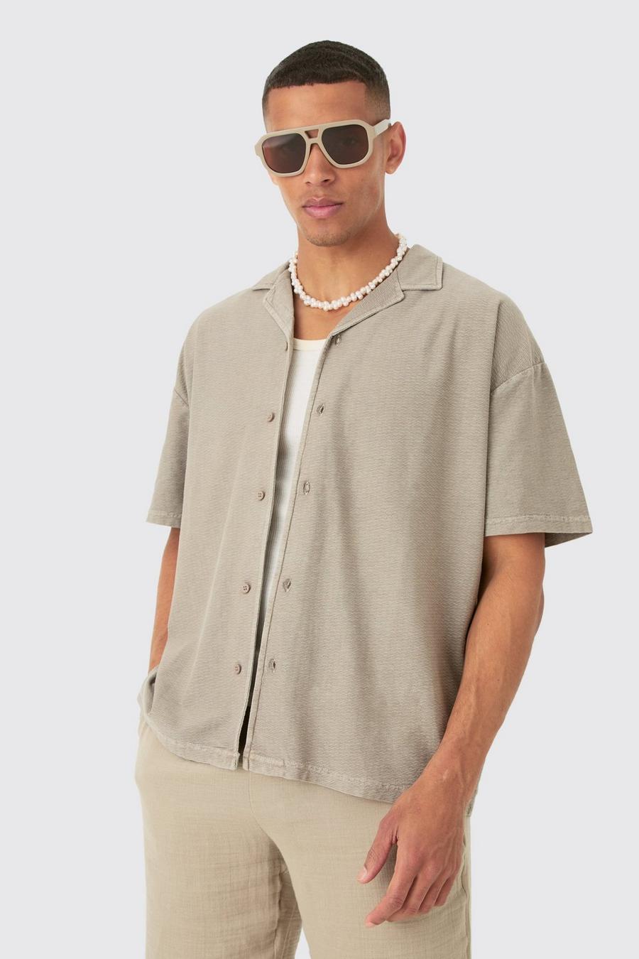 Taupe Textured Washed Dropped Shoulder Revere Shirt