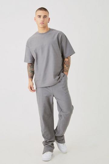 Grey Oversized Jacquard Stripe T-shirt & Jogger Set