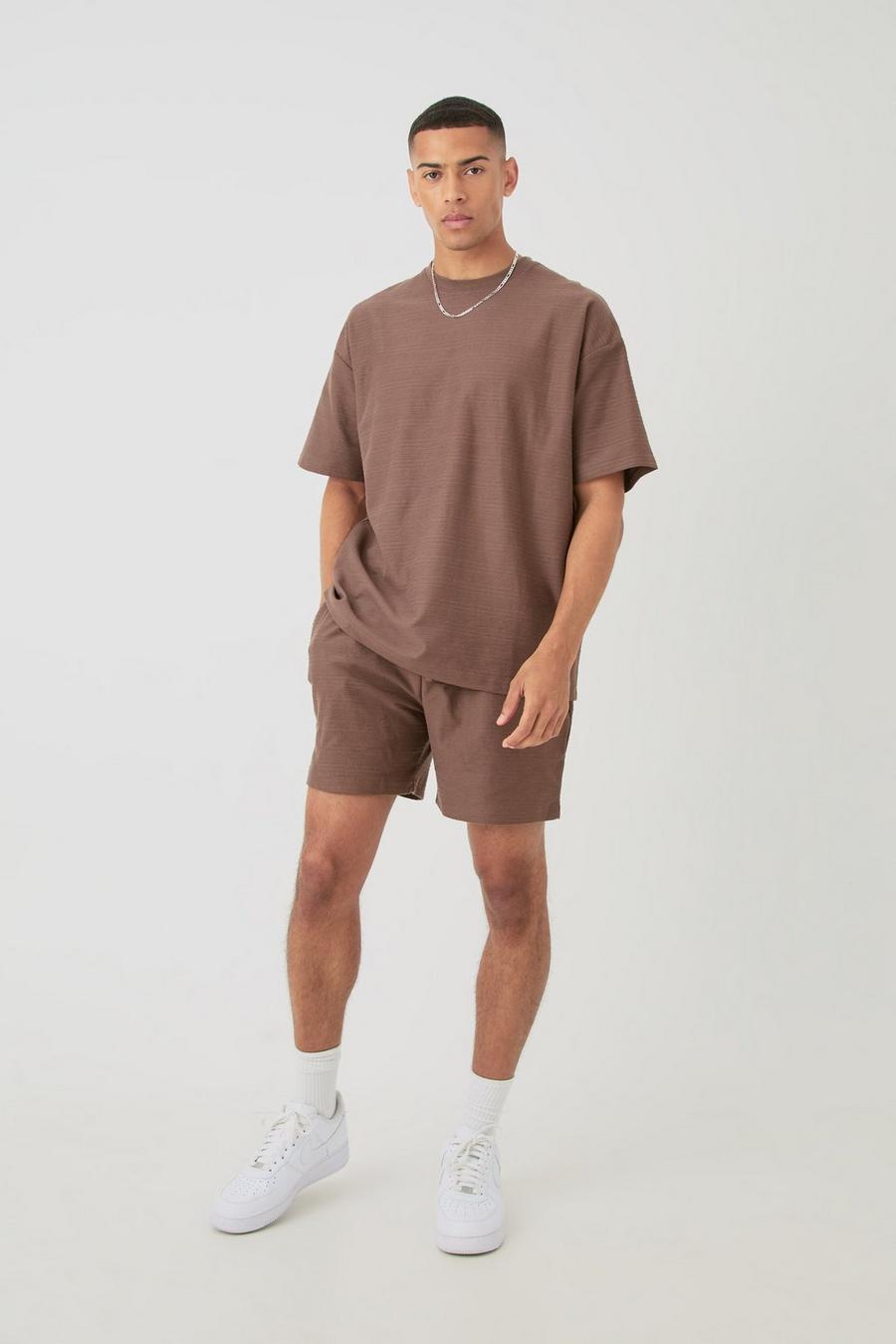 Oversize Jacquard T-Shirt & Shorts mit Streifen, Coffee