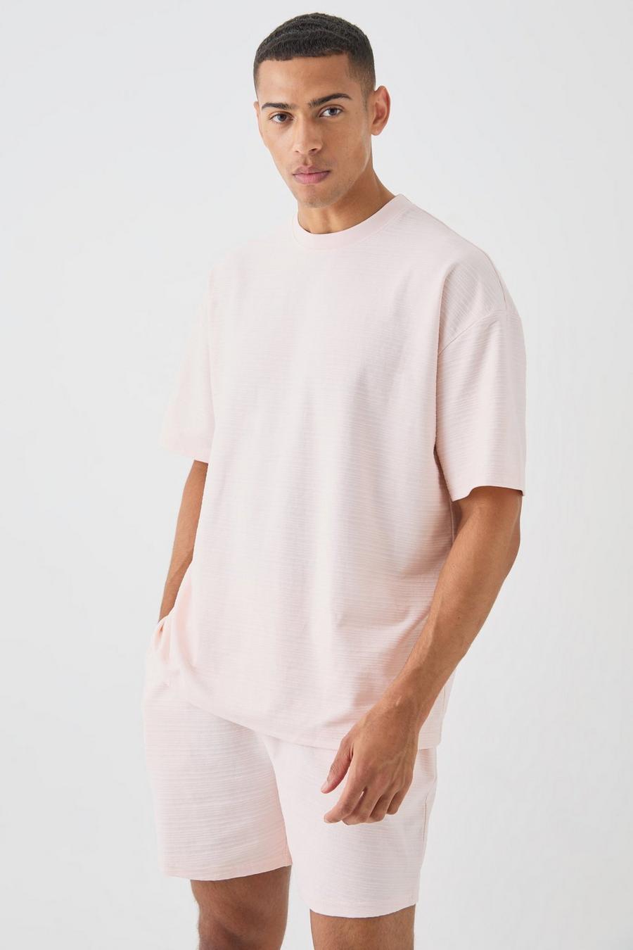 Conjunto de pantalón corto y camiseta oversize con línea de jacquard, Pastel pink