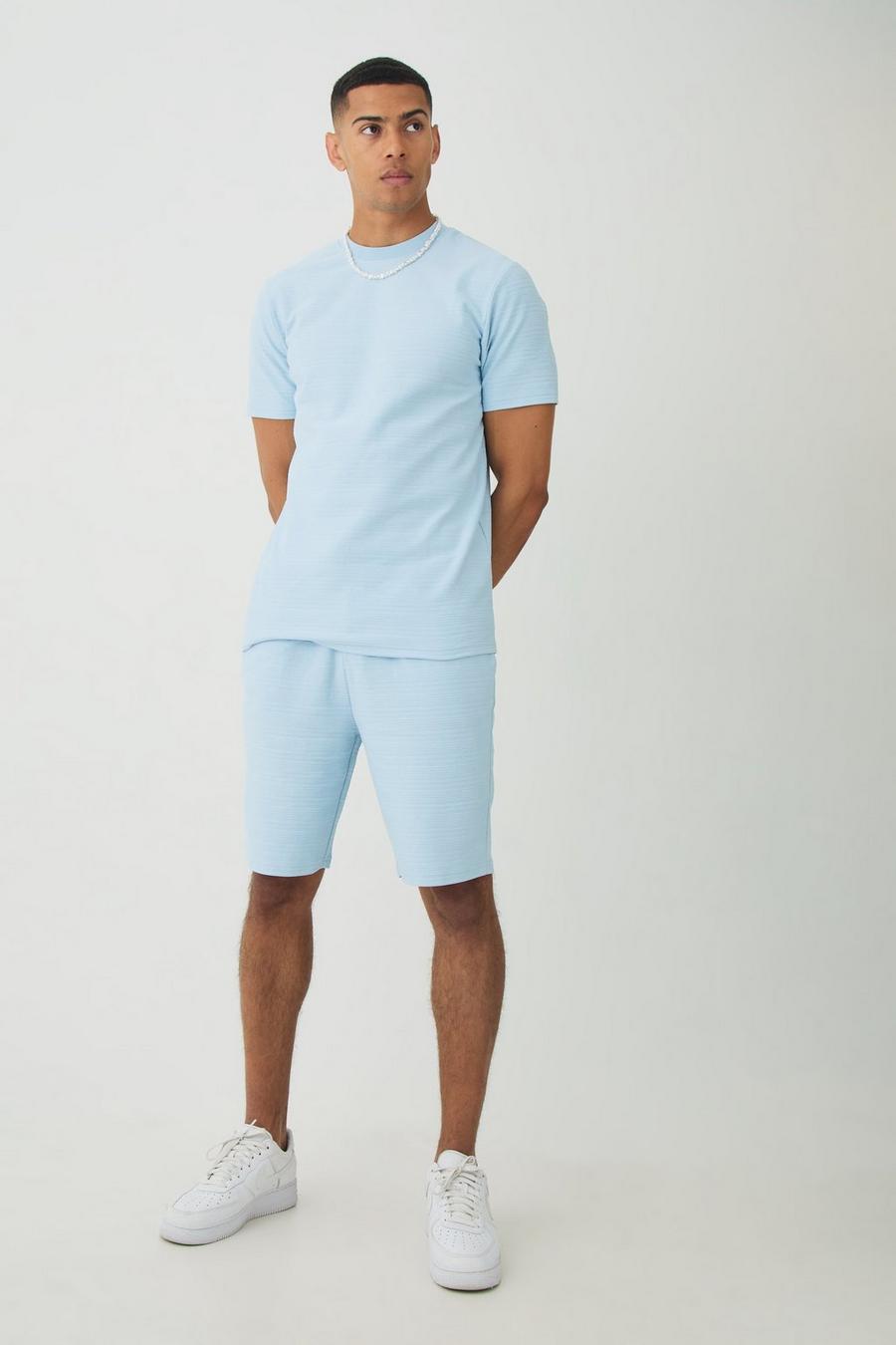Dusty blue Slim Jacquard Stripe T-shirt & Short Set