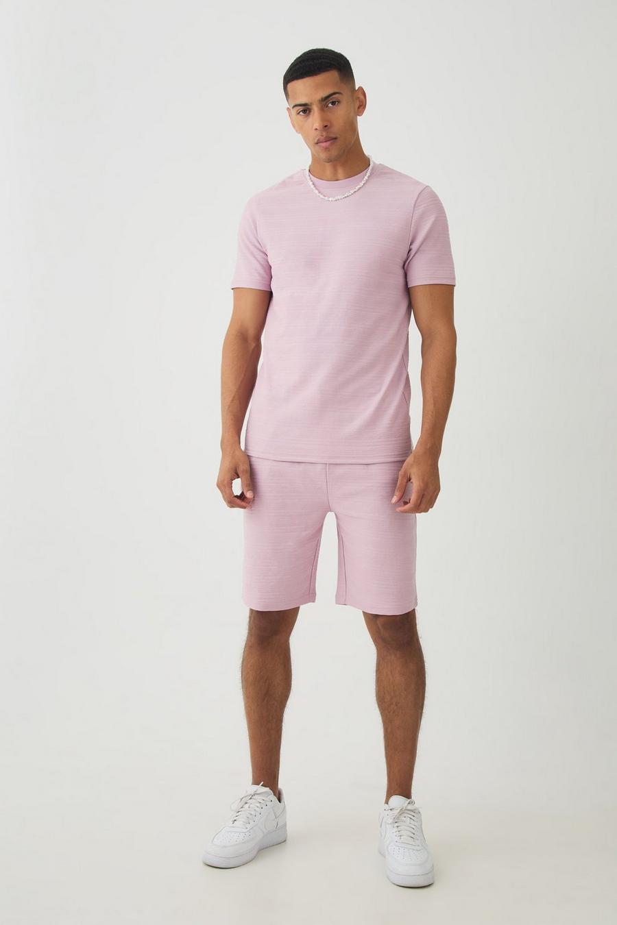 Dusty pink Slim Jacquard Stripe T-shirt & Short Set