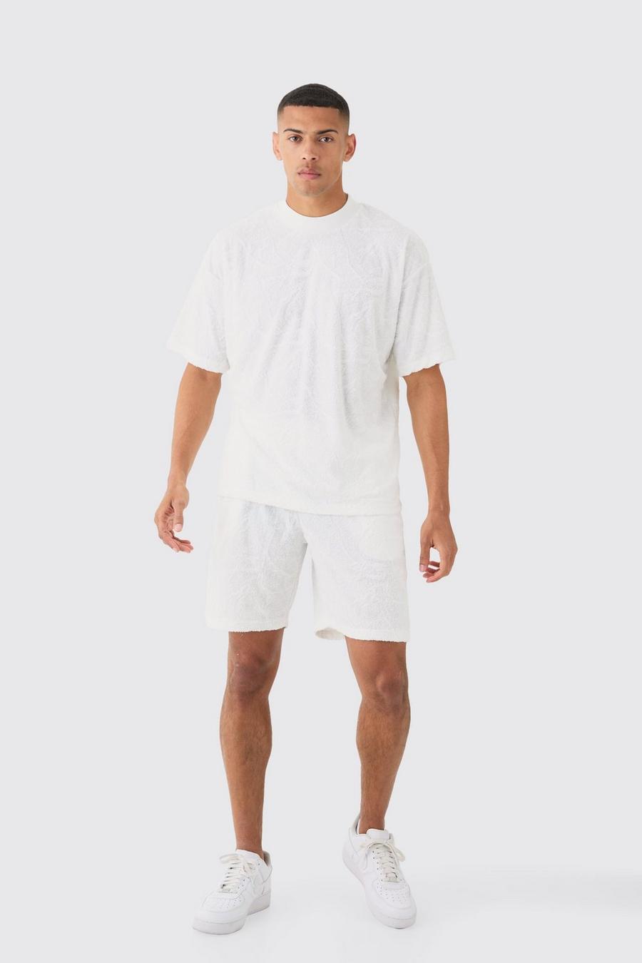 Oversize Burnout Frottee Jacquard T-Shirt & Shorts, White image number 1