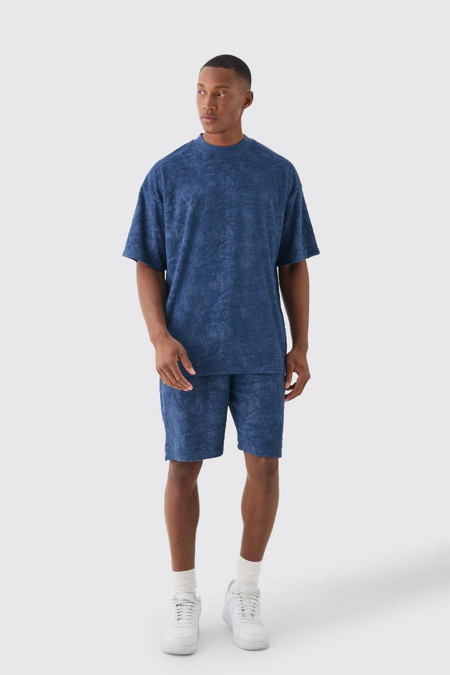 Set T-shirt oversize in jacquard di spugna con scritta Burnout & pantaloncini, Navy