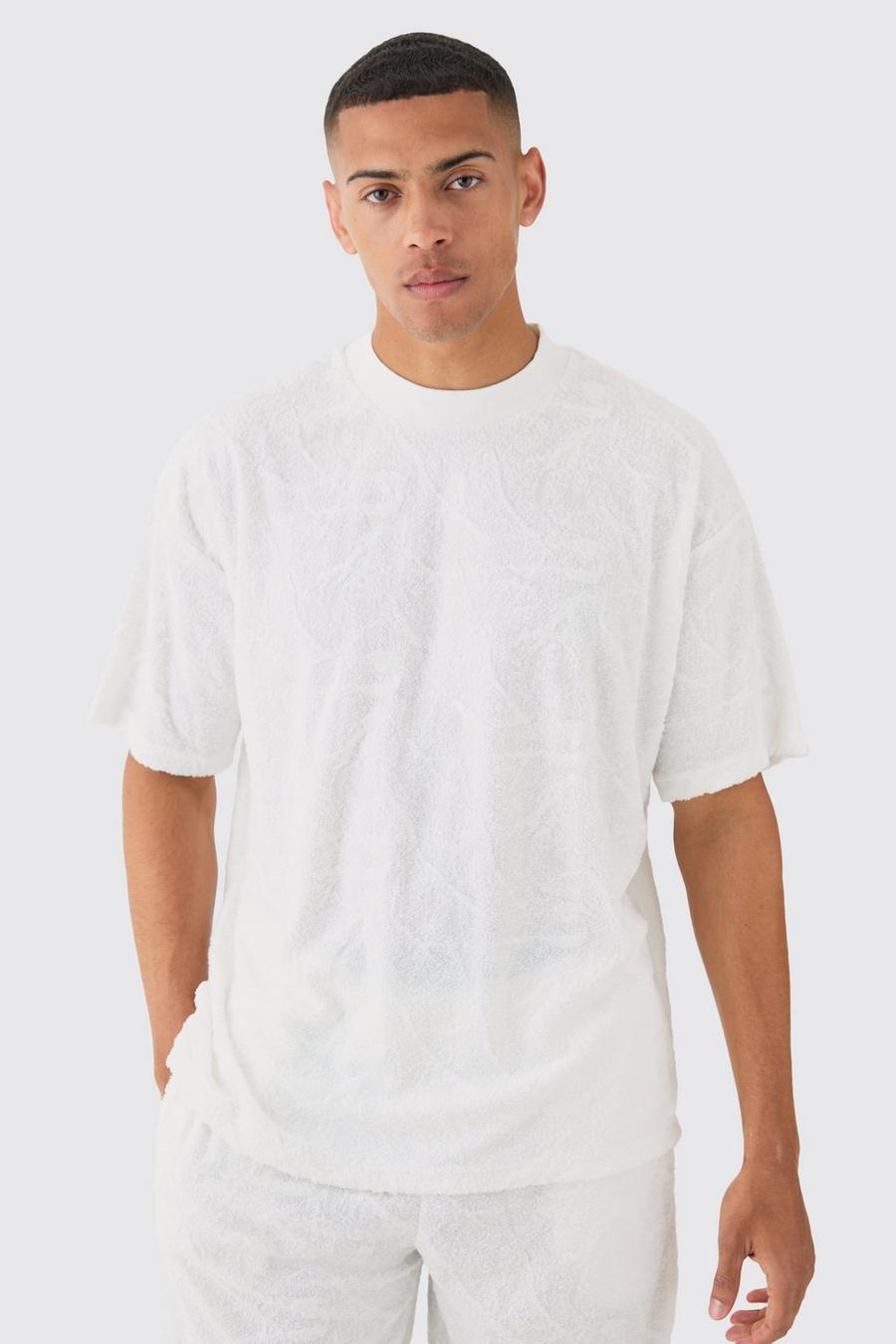Oversize Jacquard Frottee T-Shirt mit Burnout Print, White image number 1