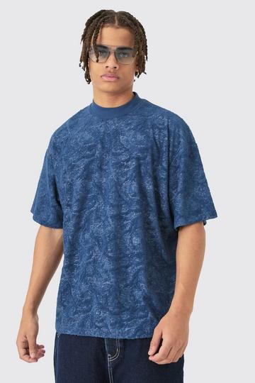 Navy Oversized Burnout Towelling Jacquard T-shirt