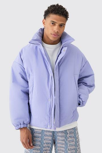 Purple Oversized Boxy Padded Funnel Neck Coat In Lilac