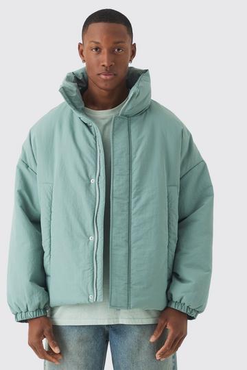 Green Oversized Boxy Padded Funnel Neck Coat In Sage