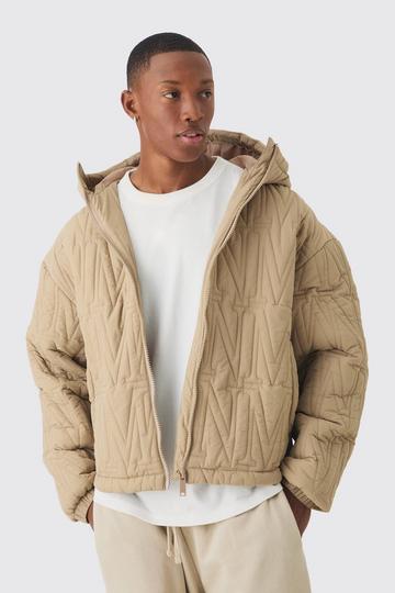 Man Quilted Hooded Puffer Coat In Taupe taupe