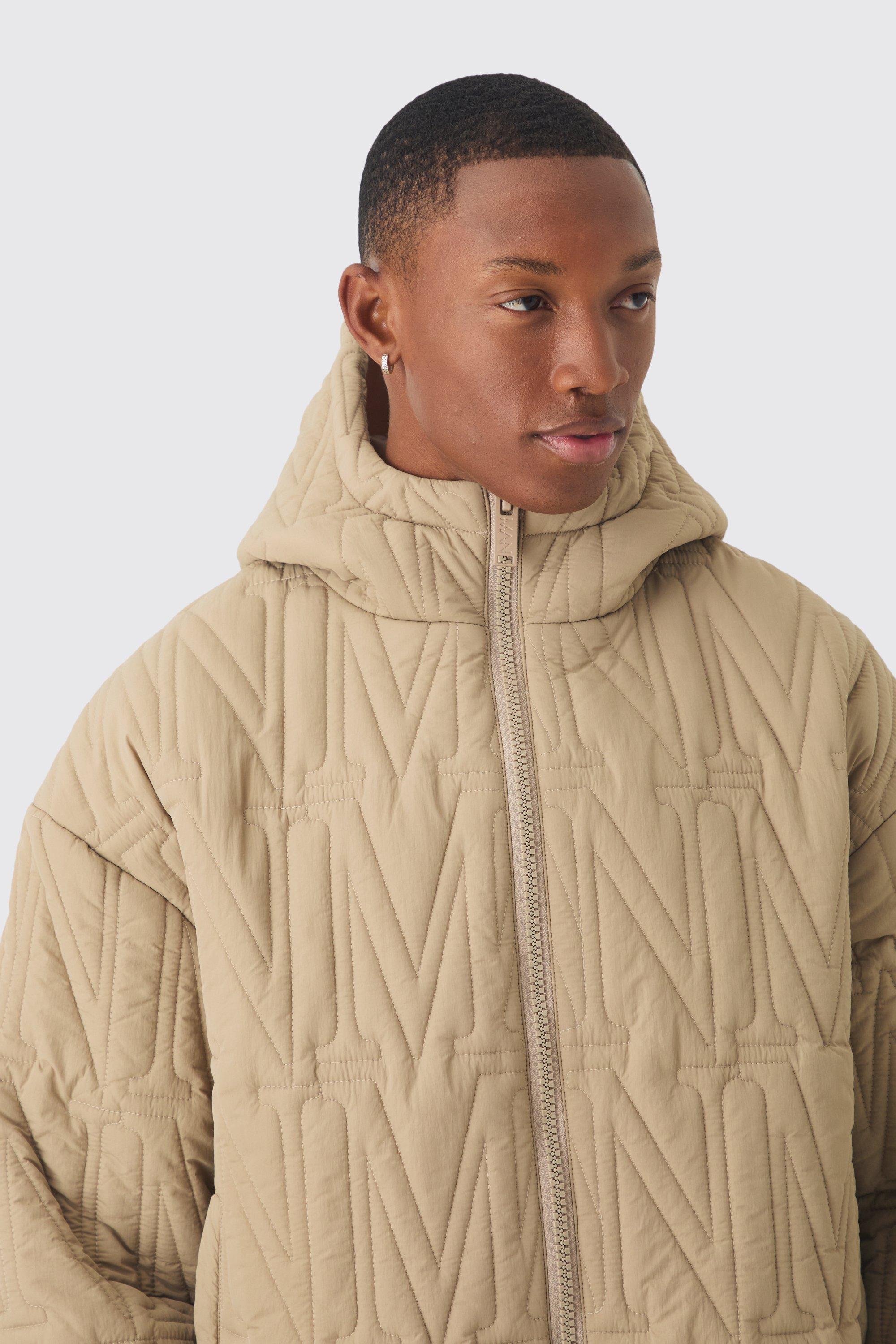 Man Quilted Hooded Puffer Coat In Taupe