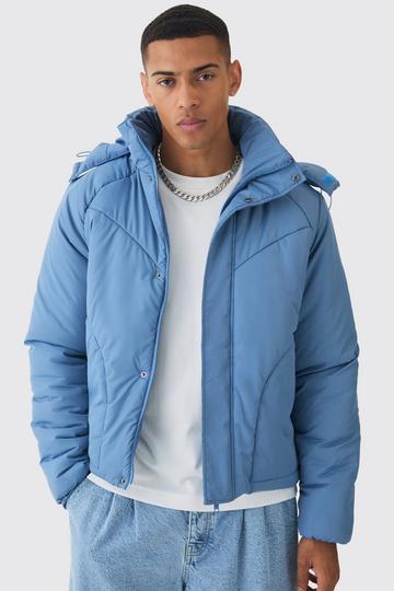 Boxy Quilted Hooded Puffer Coat In Blue blue