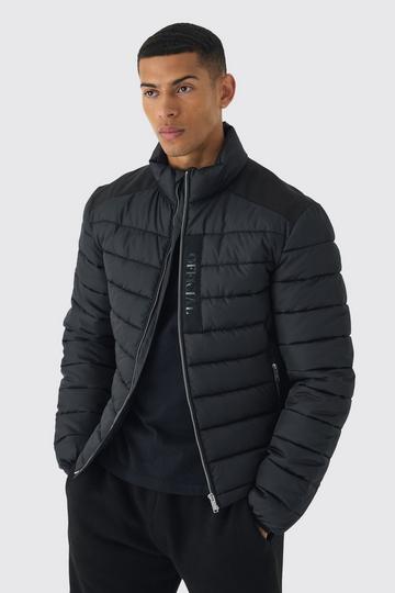 Black Official Funnel Neck Panel Puffer Jacket In Black