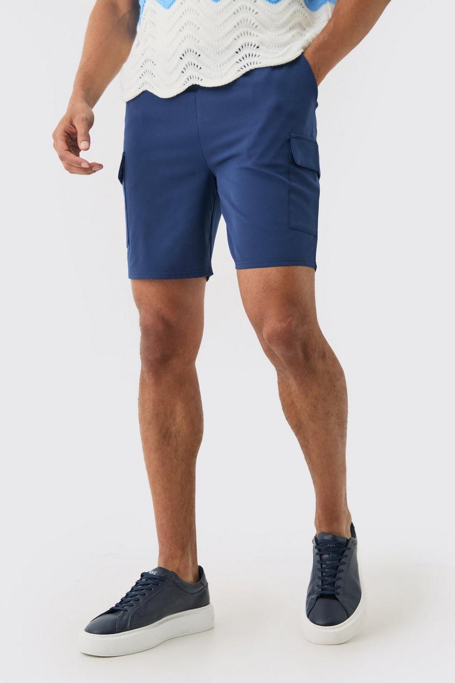 Navy Elasticated Waist Skinny Fit Cargo Shorts 