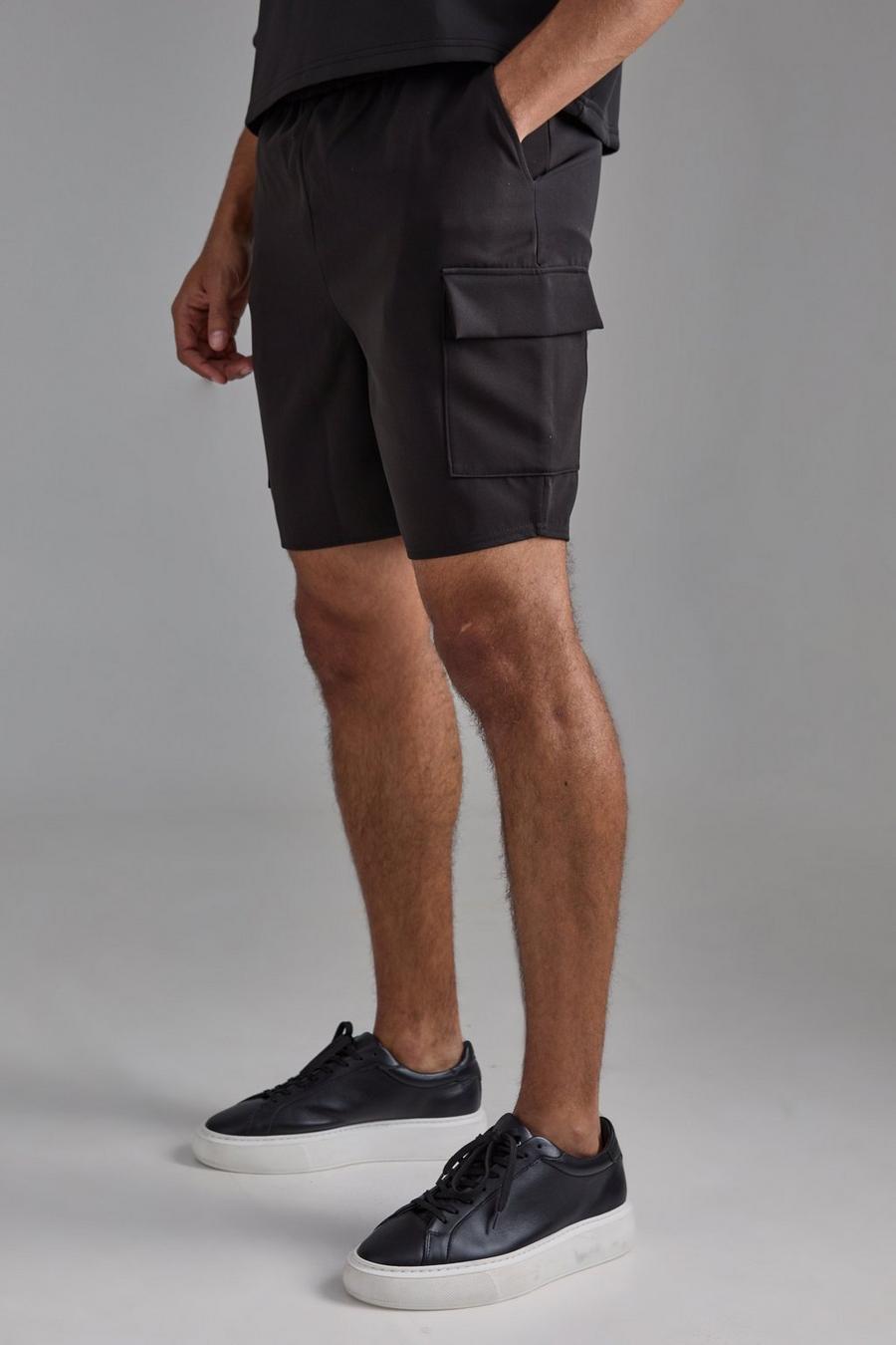 Black Elasticated Waist Skinny Fit Cargo Shorts image number 1