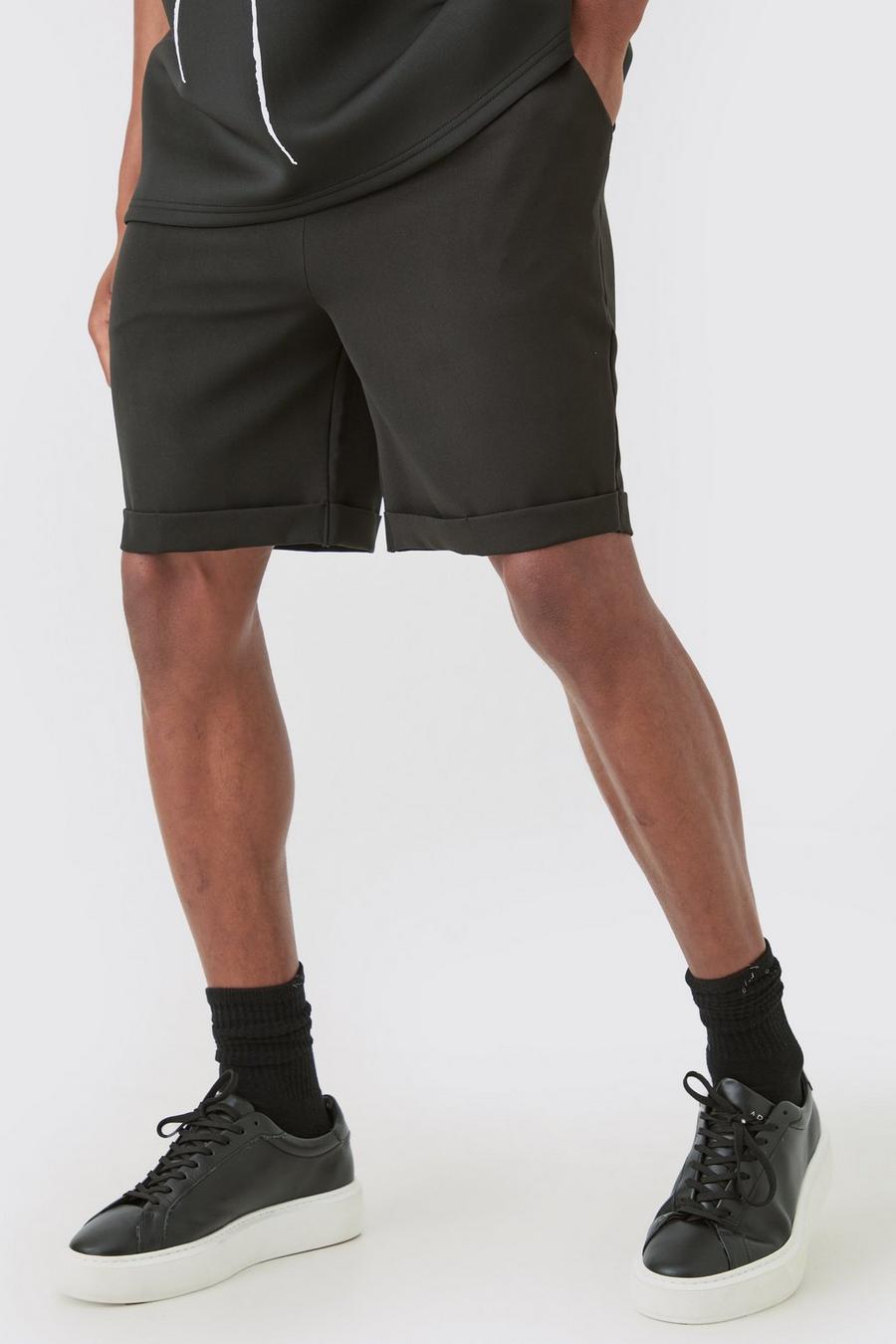Black Elasticated Waist Turn Up Stretch Slim Fit Shorts