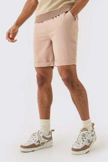 Stretch Slim Fit Shorts Met Elastische Taille En Omgeslagen Pijpen stone