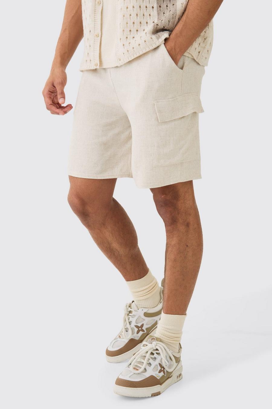 Natural Linen Look Pin Tuck Elasticated Waist Cargo Relaxed Shorts