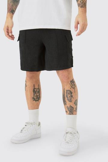 Black Linen Look Pin Tuck Elasticated Waist Cargo Relaxed Shorts