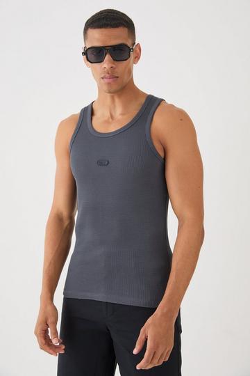 Man Slim Waffle Rubber Badge Tank Top charcoal