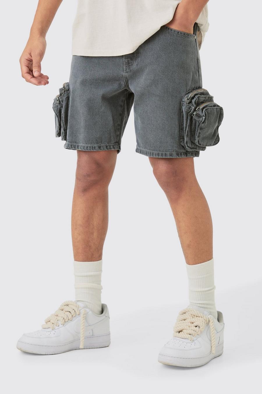 Pantalones cortos vaqueros ajustados con bolsillos cargo 3D en gris claro, Light grey