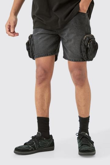 Slim Fit 3d Cargo Pocket Denim Shorts In Washed Black washed black