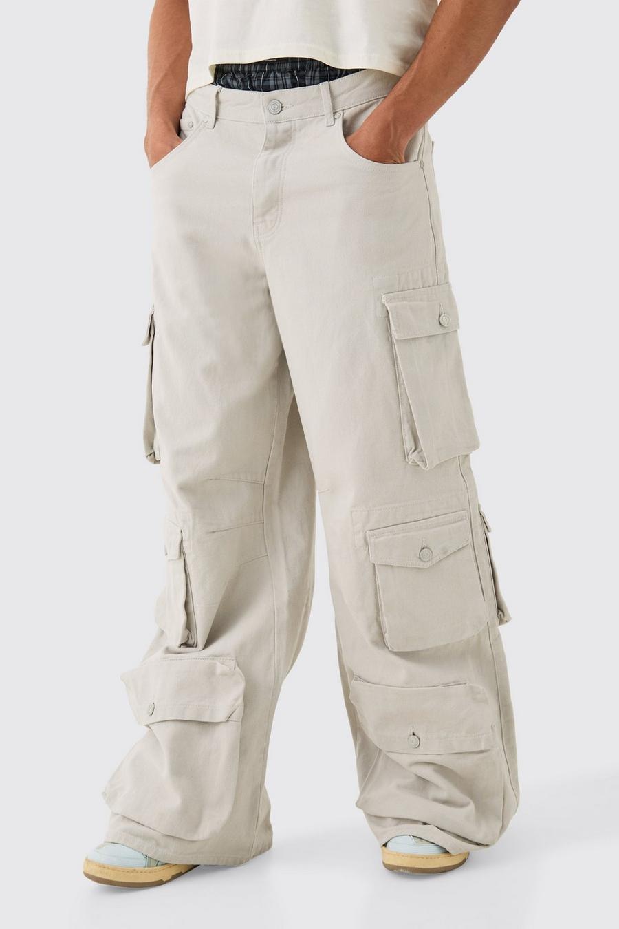 Lockere Jeans mit Cargo-Taschen und Acid-Waschung, Ecru image number 1