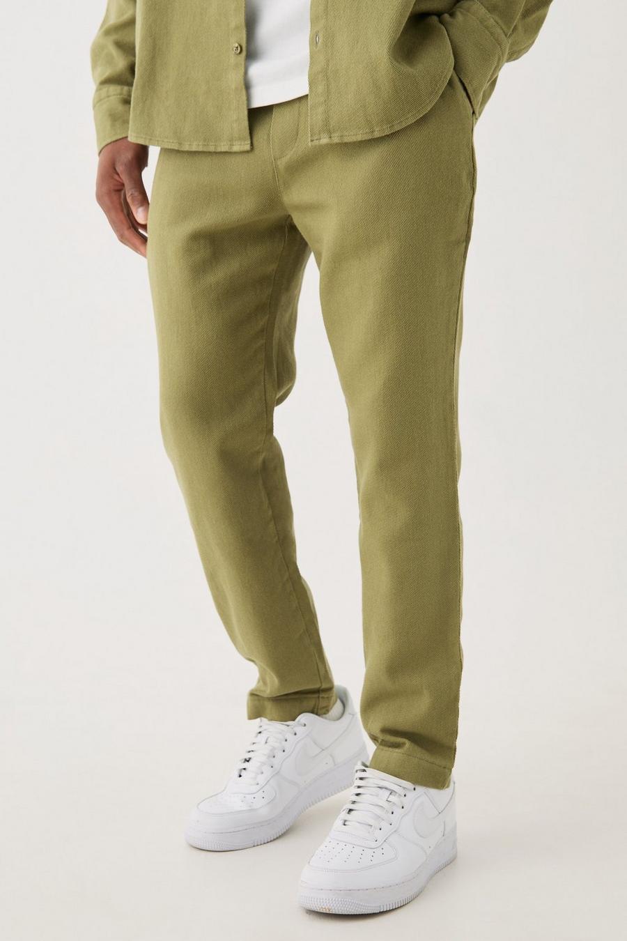Khaki Textured Elasticated Waist Straight Fit Trousers