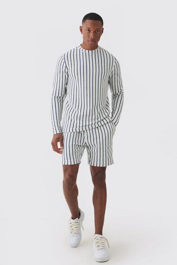 Striped Open Stitch Resort Shirt & Short Set white