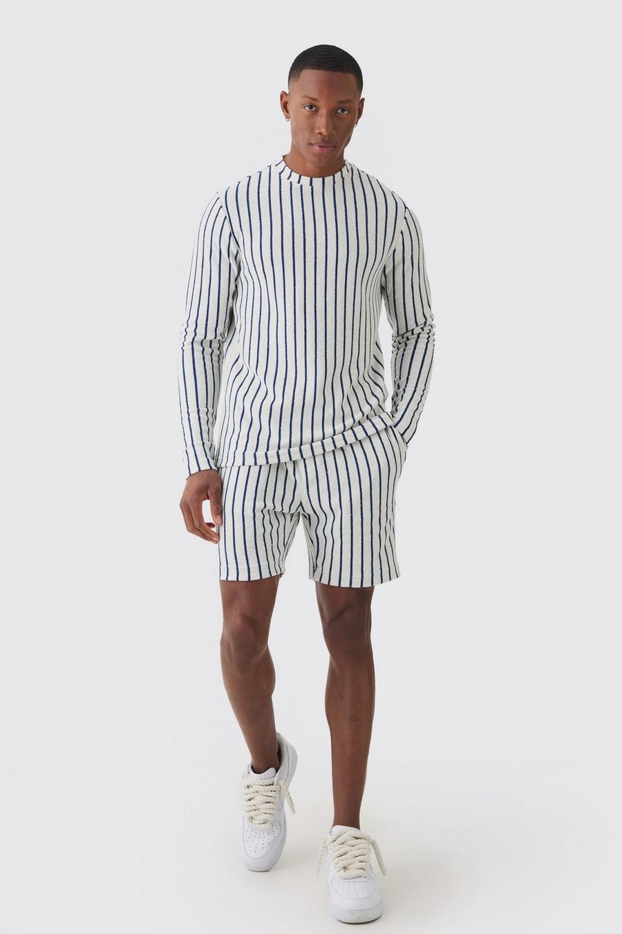 White Striped Open Stitch Resort Shirt & Short Set image number 1