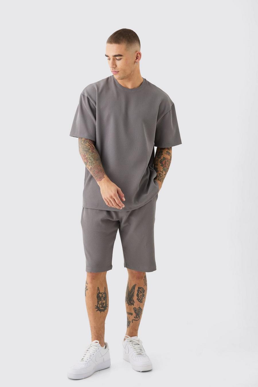 Charcoal Textured Pleated Oversized Tee & Short Set
