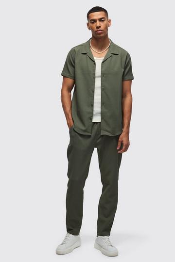 Khaki Seersucker Revere Collar Shirt & Pants Set