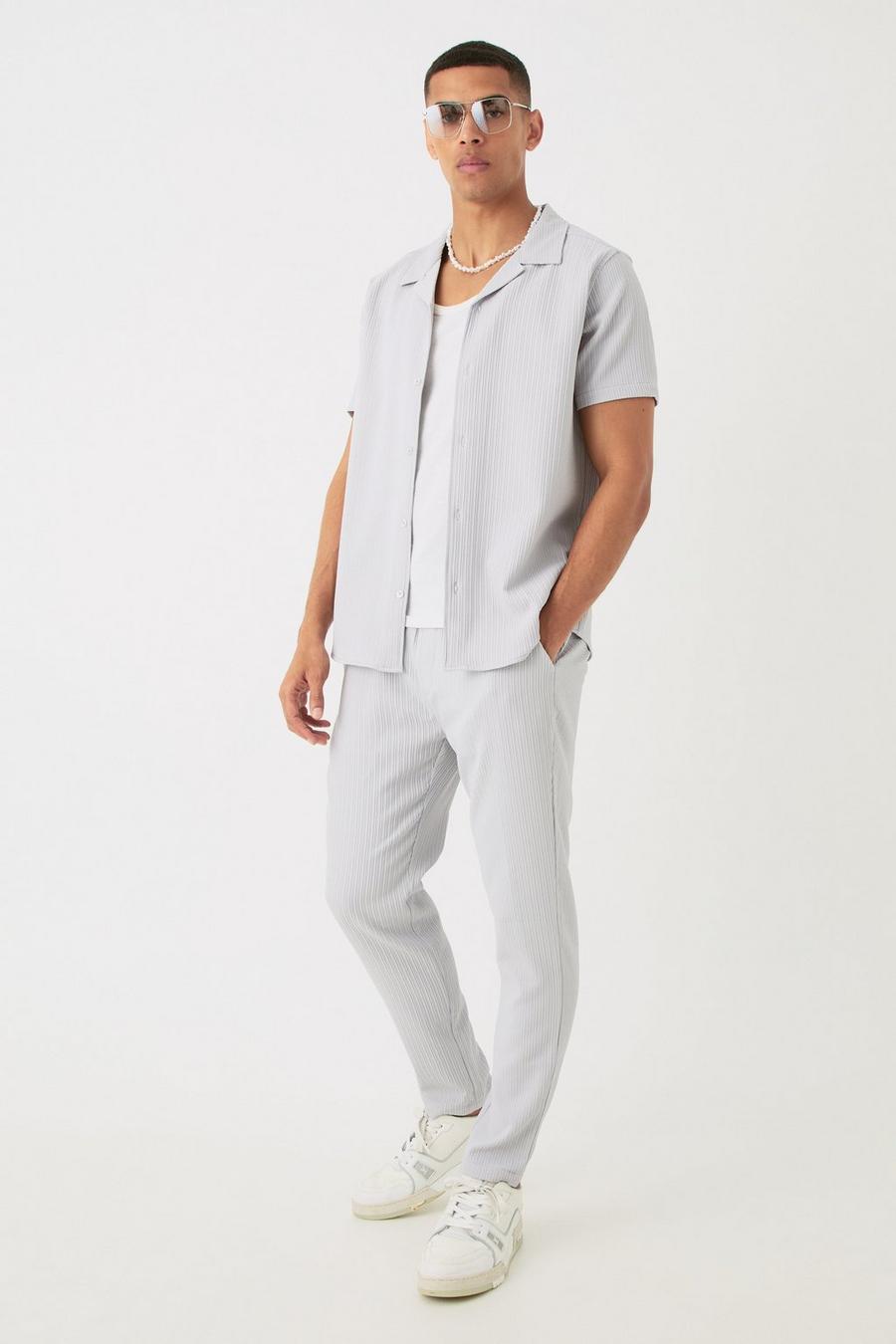 Grey Seersucker Revere Collar Shirt & Trouser Set image number 1