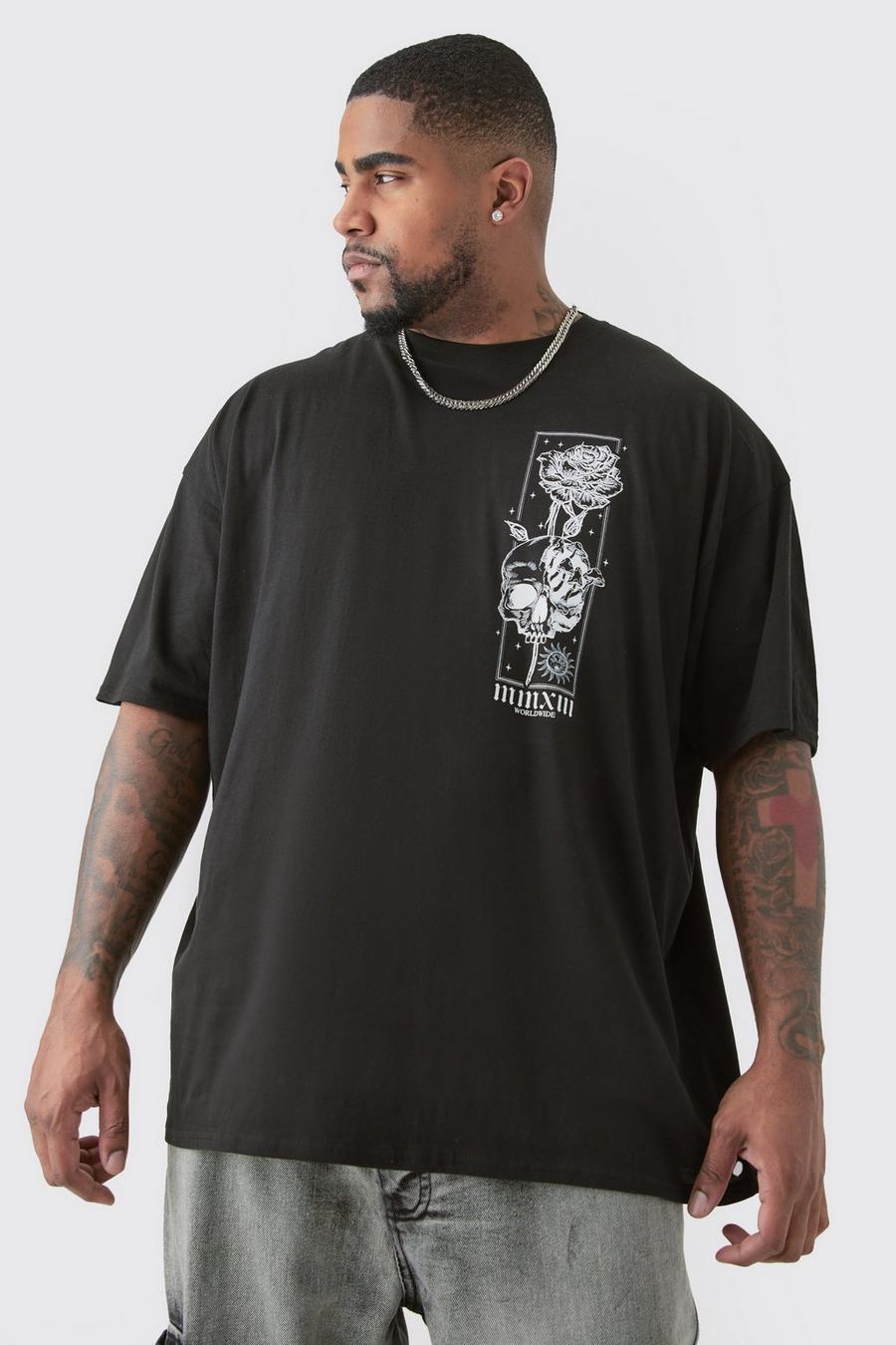 Camiseta Plus oversize con estampado gráfico de flores, Black