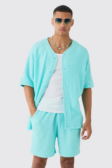 Regular Fit Heavy Jumbo Waffle Baseball Shirt & Short Set aqua