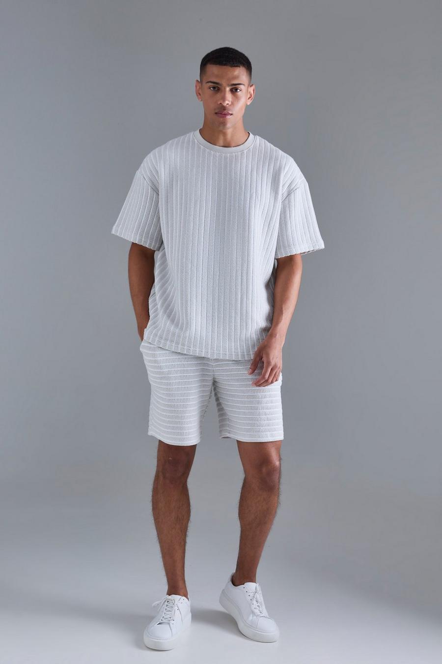 Light grey Oversized Striped Textured T-shirt & Short Set