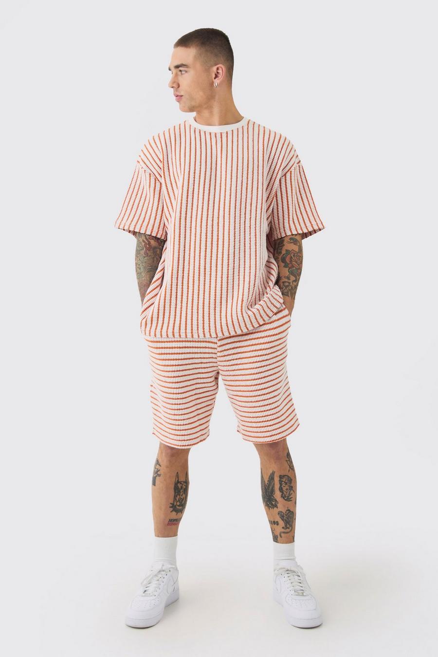 Ecru Oversized Striped Textured T-shirt & Short Set image number 1