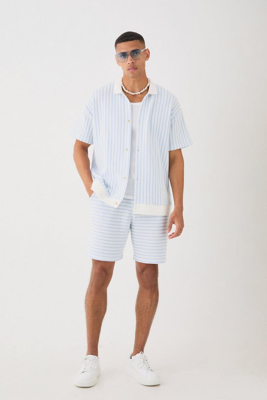 Ecru Oversized Striped Textured Button Through Polo & Short Set image number 1