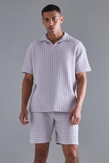 Oversized Striped Textured Revere Polo & Short Set lilac