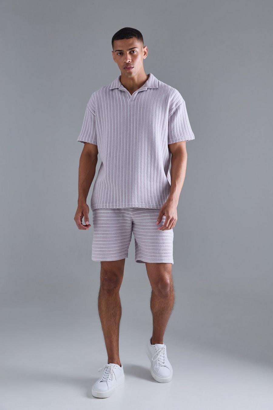 Strukturiertes gestreiftes Oversize Poloshirt & Shorts, Lilac