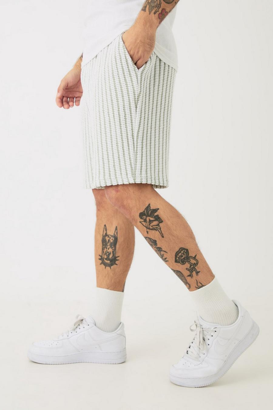 Ecru Relaxed Fit Mid Length Striped Textured Short