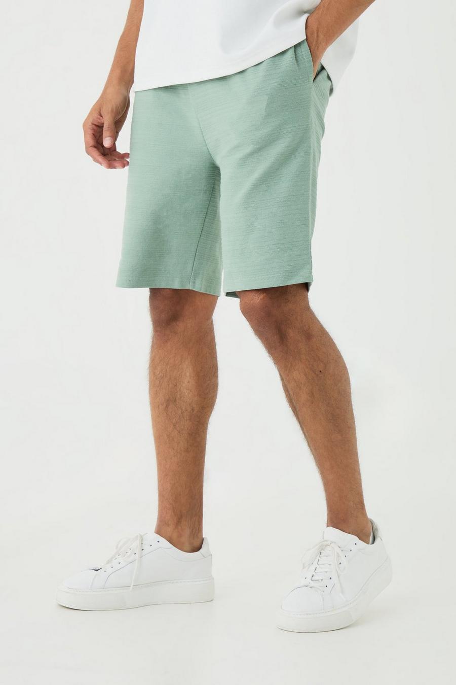 Olive Slim Fit Mid Length Jacquard Stripe Short