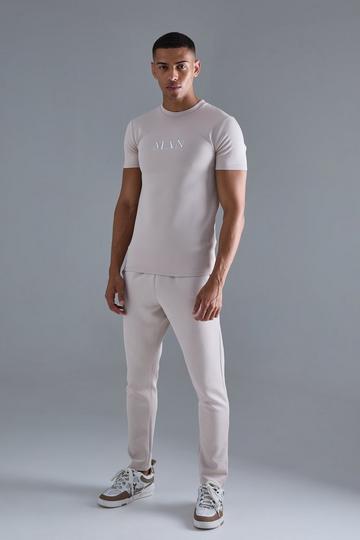 Stone Beige Slim Fit Scuba T-Shirt & Sweatpant Set