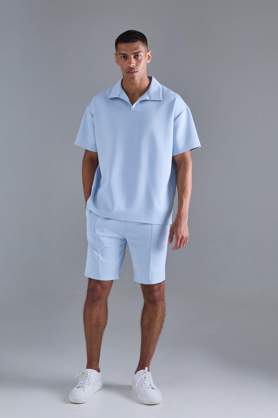 Conjunto de pantalón corto y polo oversize de scuba con solapas, Pastel blue image number 1