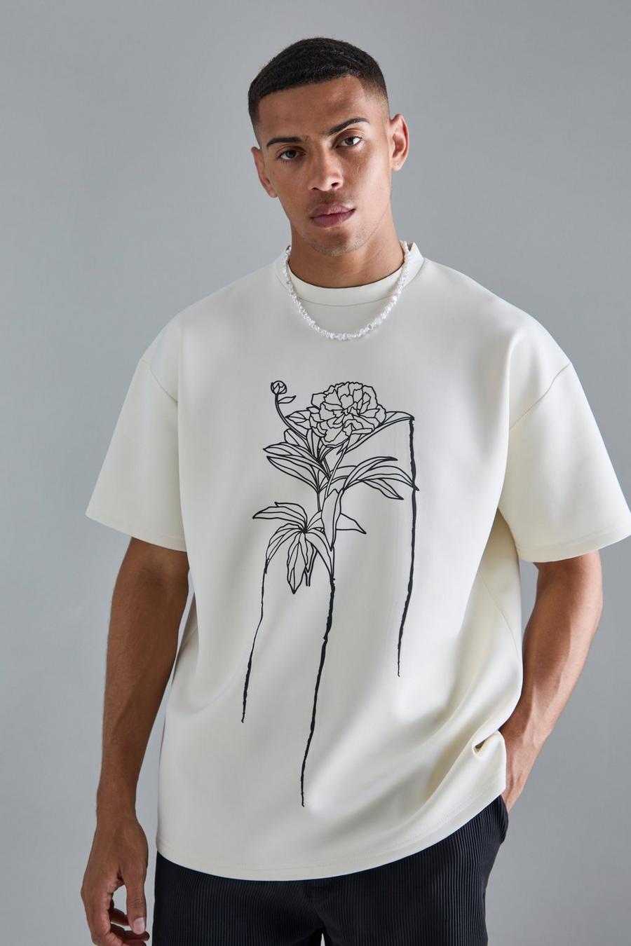 T-shirt oversize in Scuba con disegni a fiori e linee, Ecru image number 1