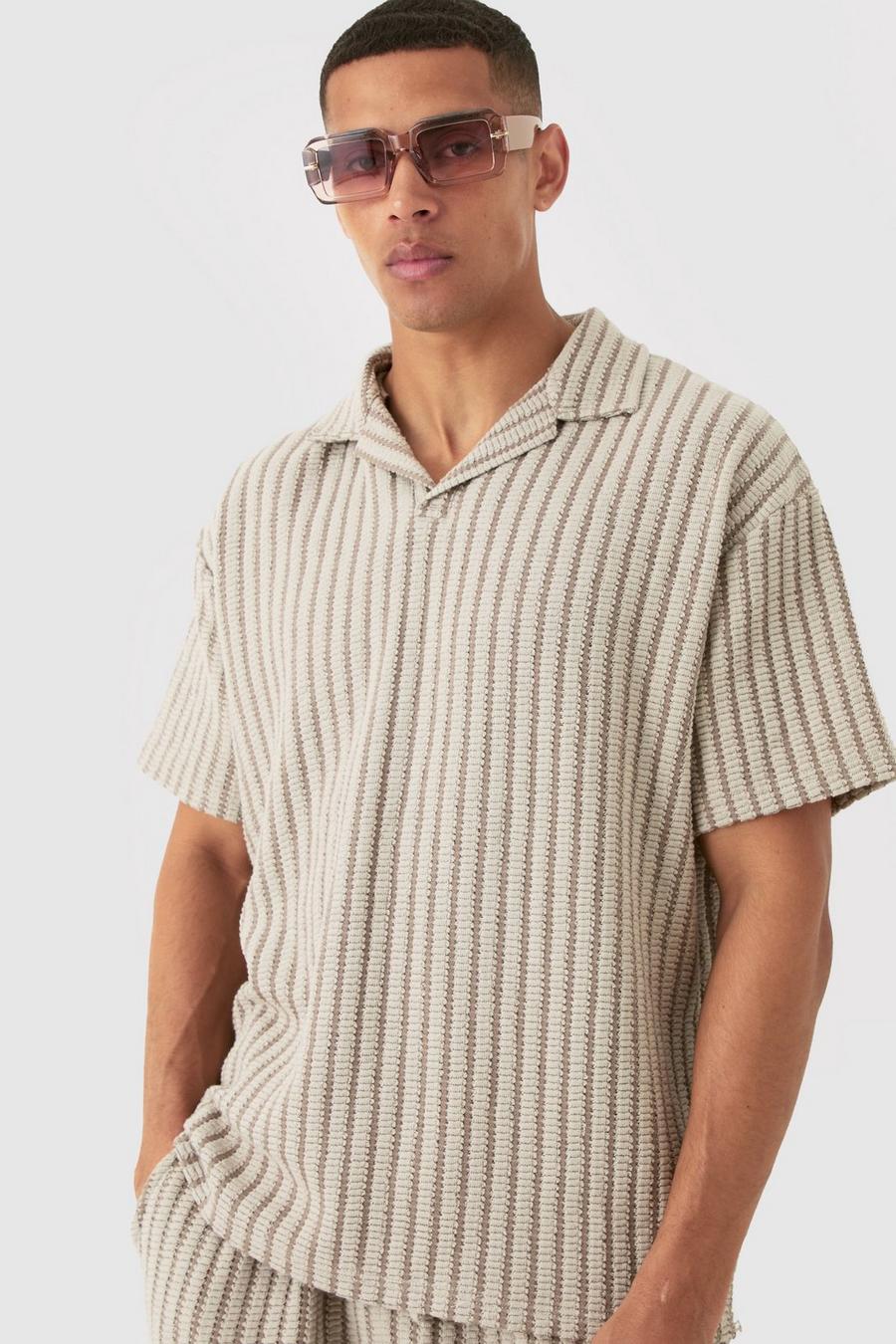 Stone Oversized Striped Textured Revere Polo image number 1