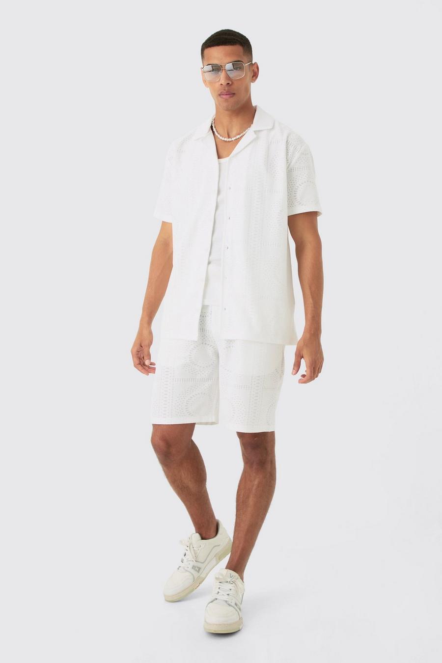 Conjunto de pantalón corto y camisa oversize de bordado inglés con solapas, White image number 1